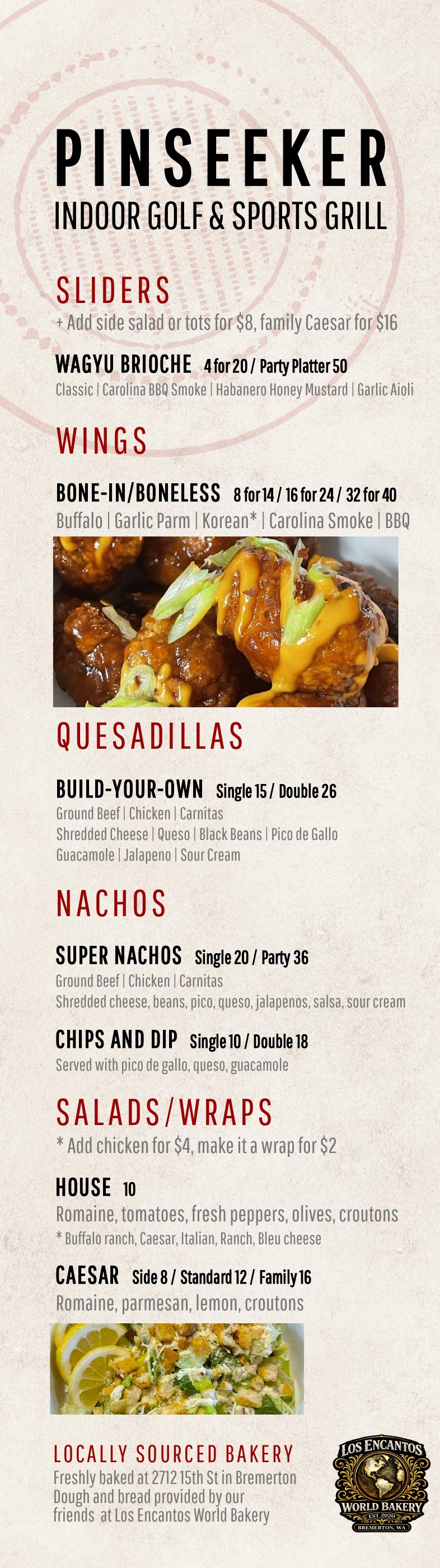 Pin Seeker menu, page 1 of 2: Sliders, Wings, Quesadillas, Nachos, Salads/Wraps and Locally Sourced Bakery