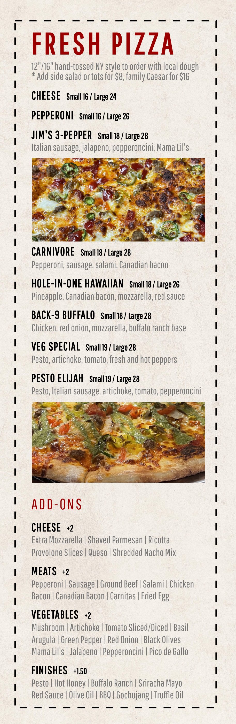 Pin Seeker menu, page 1 of 2: Fresh Pizza and Add-Ons