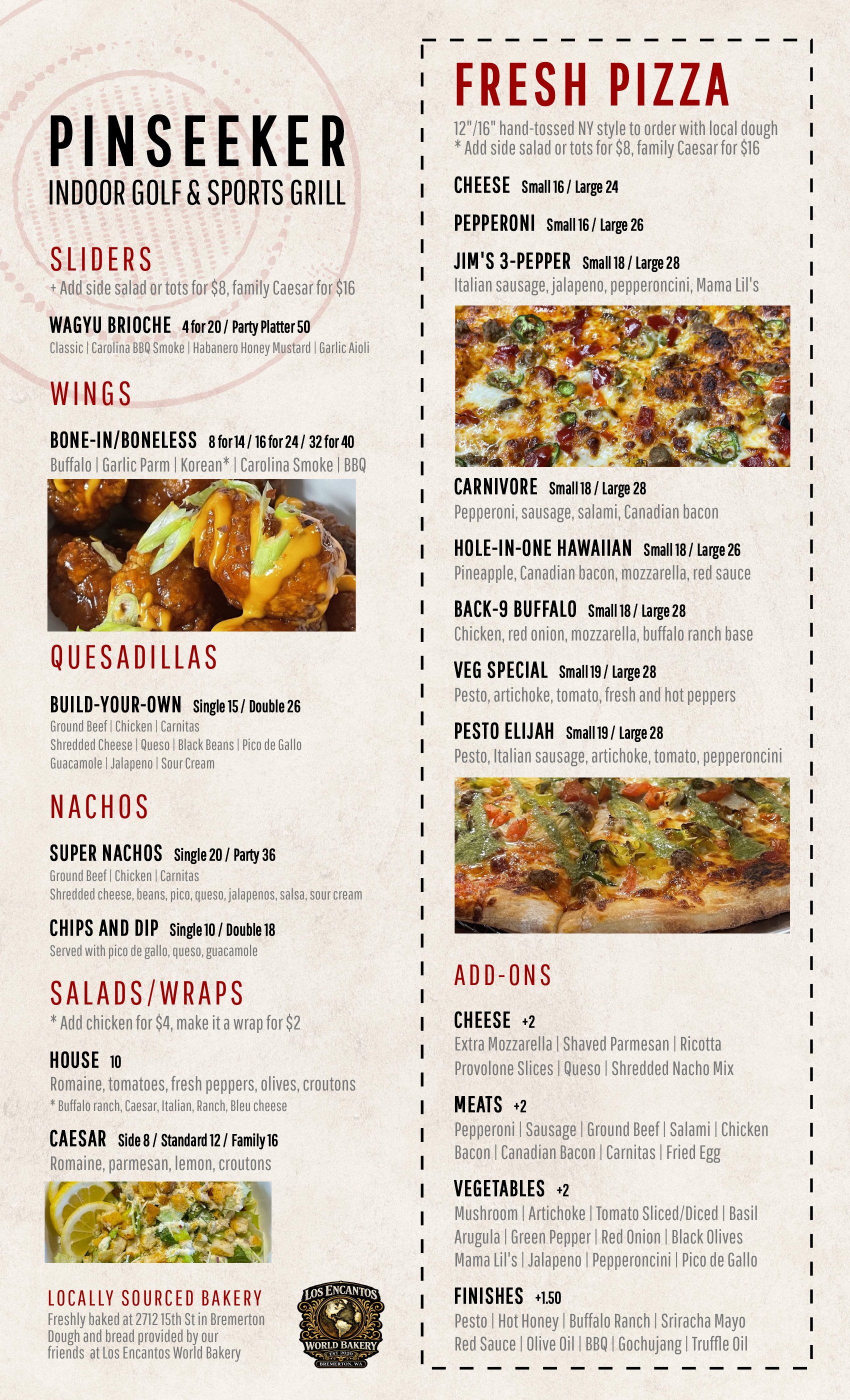 Pin Seeker menu, page 1 of 2: Sliders, Wings, Quesadillas, Nachos, Salads/Wraps, Locally Sourced Bakery, Fresh Pizza and Add-Ons
