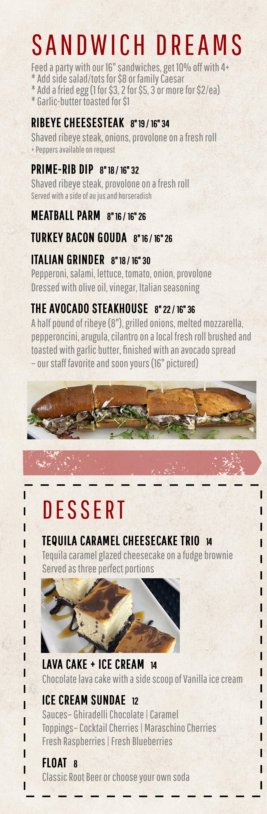 Pin Seeker menu, page 2 of 2: Sandwich Dreams and Dessert
