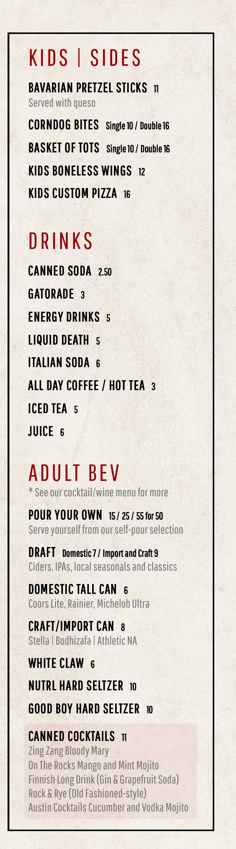 Pin Seeker menu, page 2 of 2: Kids | Sides, Drinks and Adult Bev
