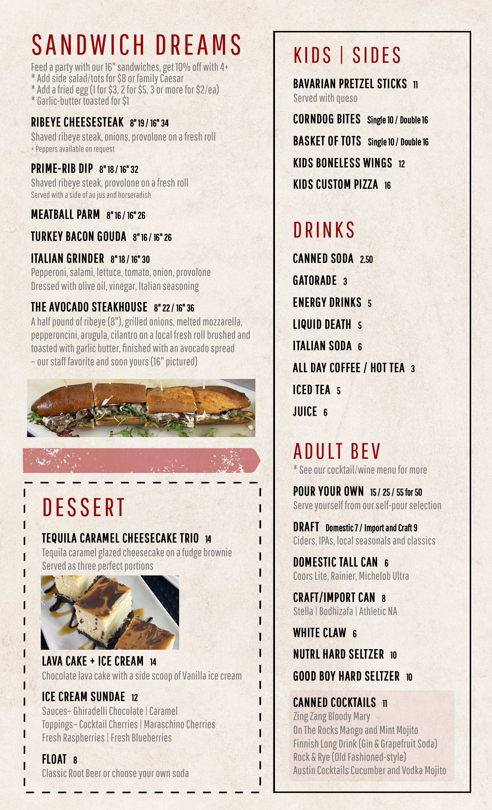 Pin Seeker menu, page 2 of 2: Sandwich Dreams, Dessert, Kids | Sides, Drinks and Adult Bev